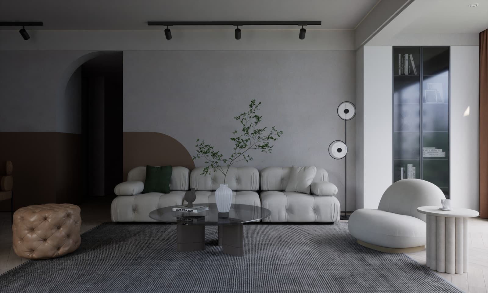 Moody, warmly lit modern living room interior with plush furniture